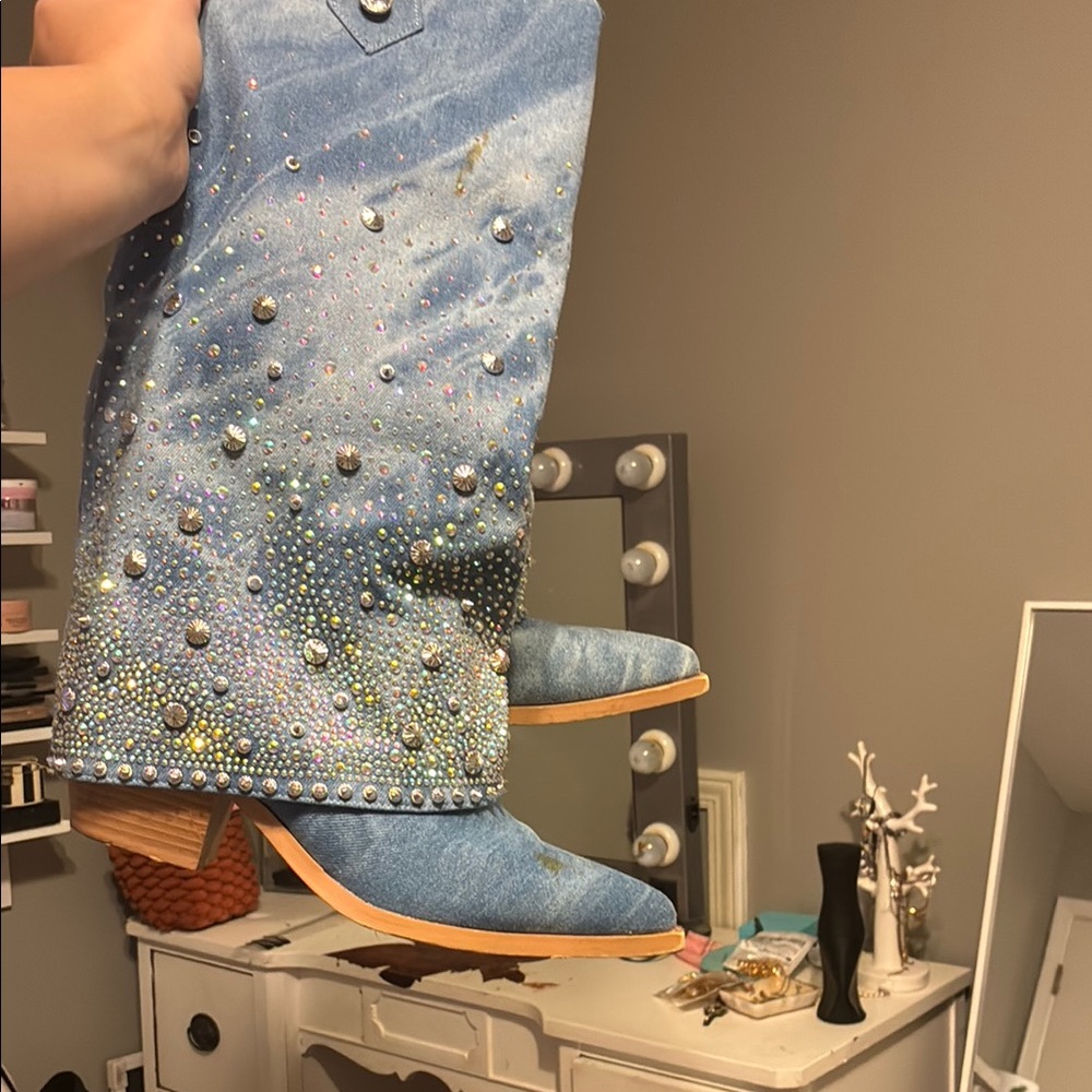 American Threads Blue Heeled Boots with Studded Details